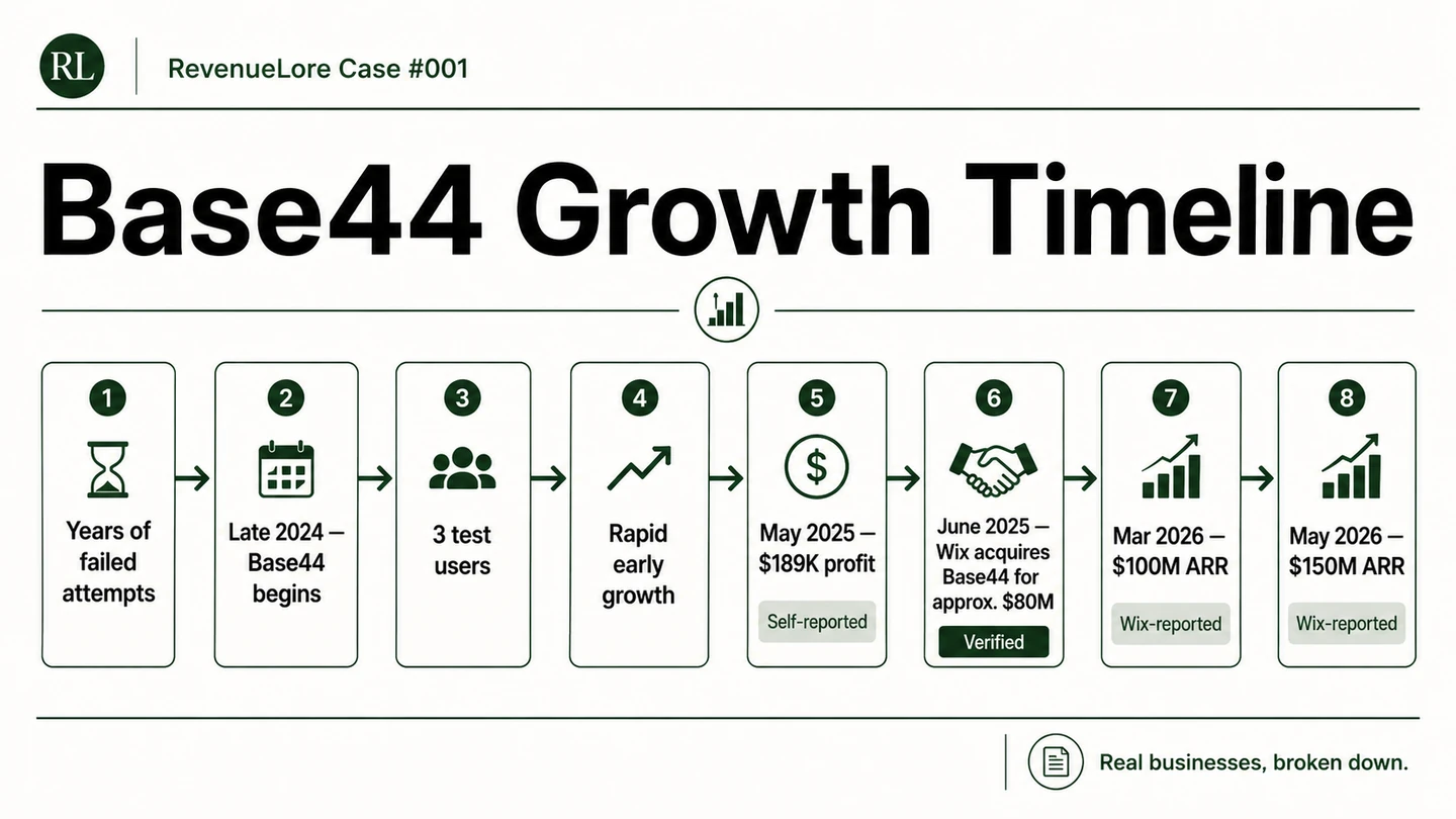 Base44 growth timeline from early failed attempts and three test users to Wix acquisition and post-acquisition ARR growth
