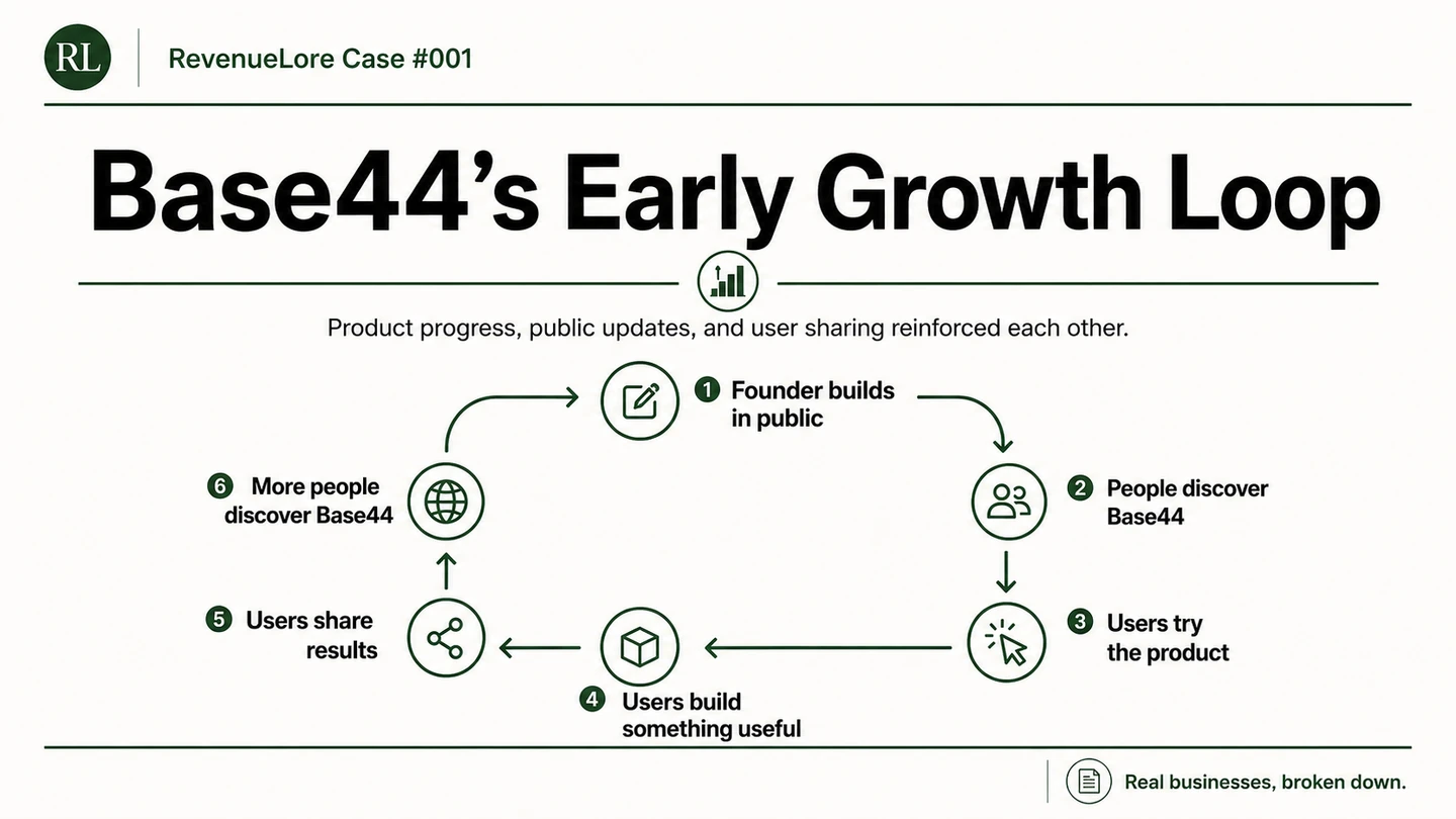 Base44 early customer acquisition loop driven by build in public, product use, and user sharing