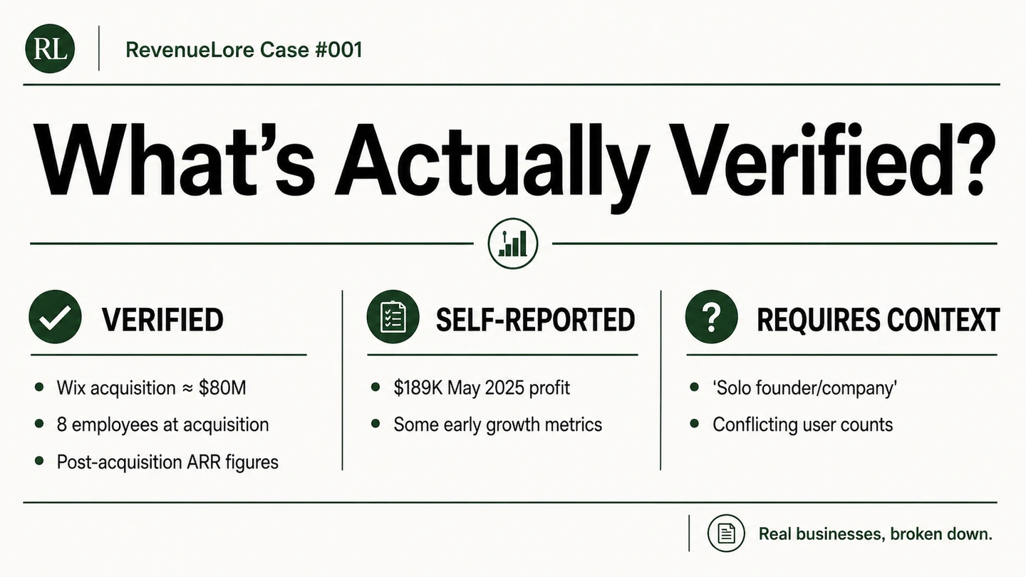 RevenueLore verification summary for Base44 separating verified, self-reported, and context-dependent claims